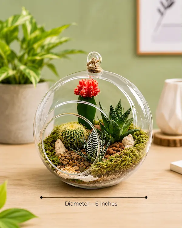 Glass Cactus Terrarium – Mini Desert Garden in Hanging Glass Bowl - Image 2