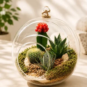 Glass Cactus Terrarium – Mini Desert Garden in Hanging Glass Bowl