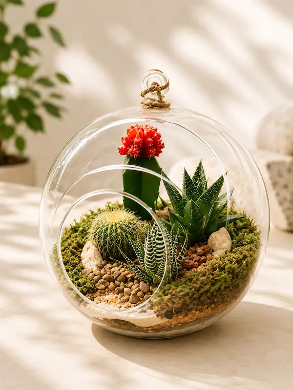 Glass Cactus Terrarium – Mini Desert Garden in Hanging Glass Bowl
